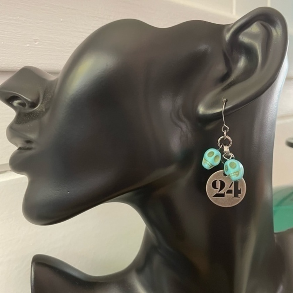 $10 SALE Handmade Blue Skull Stamped Metal Number Earrings 2” Asymmetric NWT - Picture 2 of 4